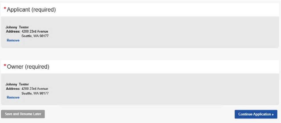Example of the Application Information section, Johnny Tester is listed as the applicant with their address and listed again under owner. A continue application button is visible to the lower right.