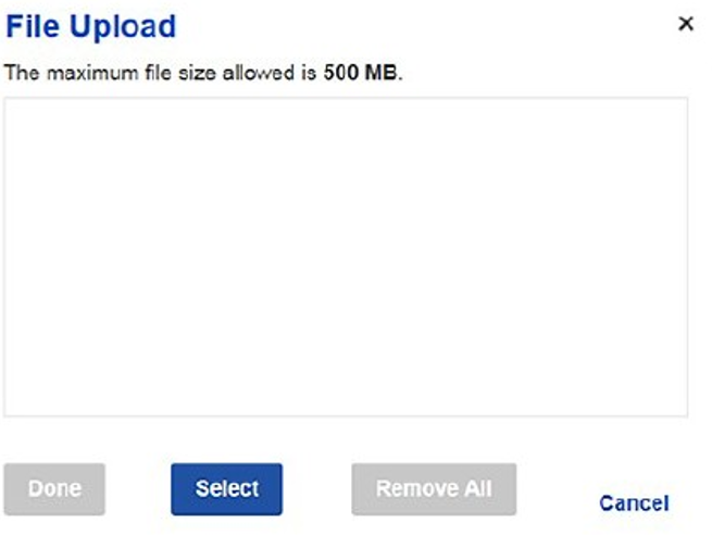 Example of file upload screen, with the select button highlighted in blue below.