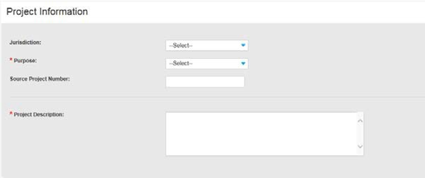 Example of Project Information page, with drop-down menus for Jurisdiction, Purpose, and Source of Project Number, and fillable box for project description.