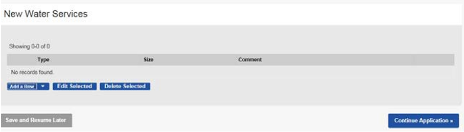 New Water Services page, with a ‘no records found’ message in the application type section.