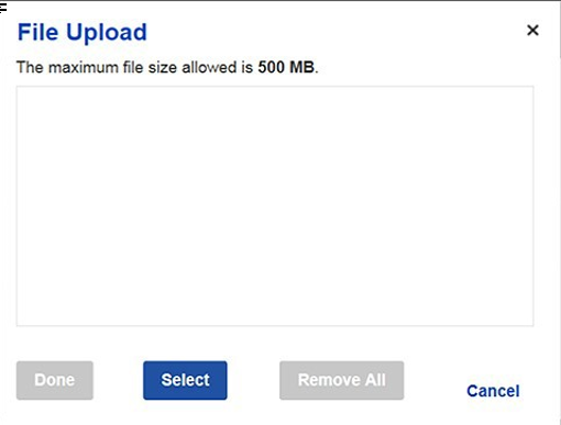 Example of file upload screen, with the select button highlighted in blue below.