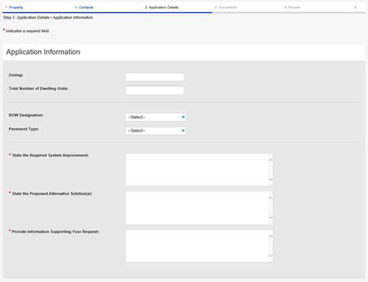 Example of the Application Information section, with space to fill in details about the application like Zoning, Total Number of Dwelling Units, and Pavement Type, with boxes to write in details below.