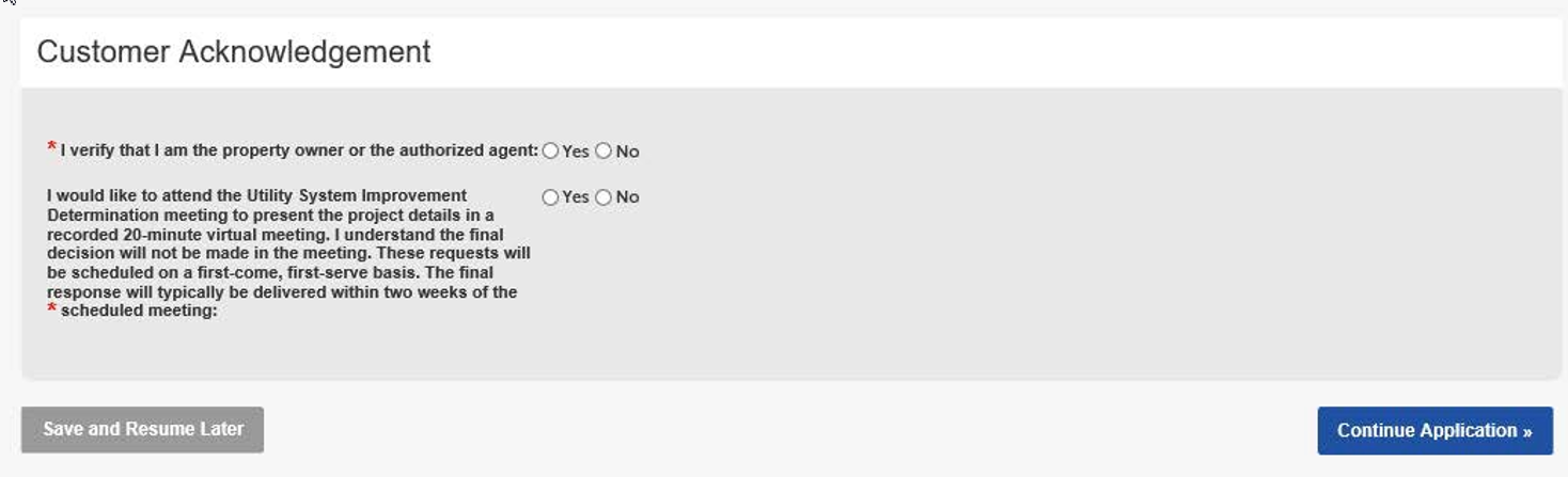 Example of customer acknowledgment page, with clickable yes/no questions to certify what was entered is correct.