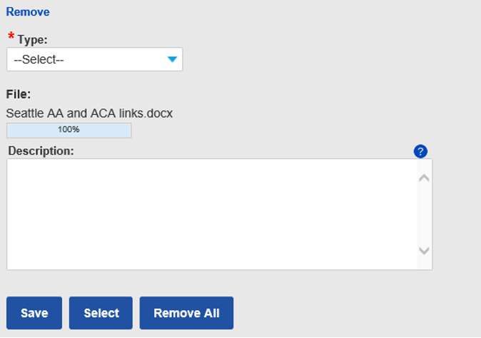 Example of space to add description of the document, and drop-down menu for type of document being uploaded.