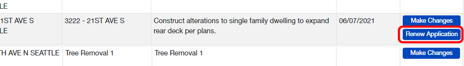 Renew application button highlighted