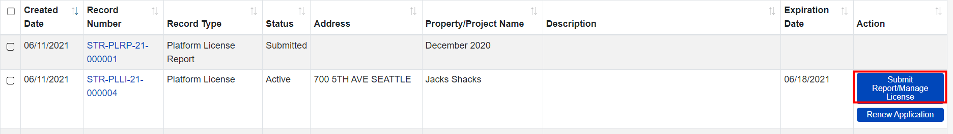 On a list of two licenses, to the right of the bottom license a blue Submit Report/Manage License button is highlighted.