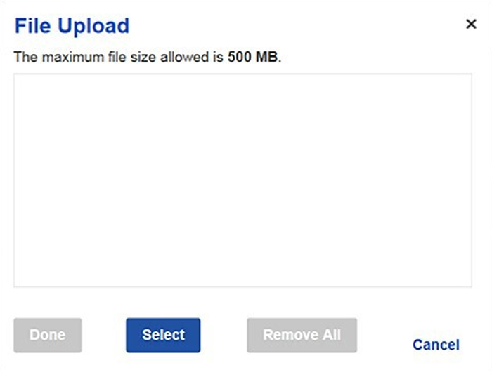 Example of file upload screen, with the select button highlighted in blue below.