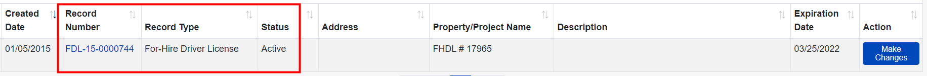 Record number record type and status columns highlighted