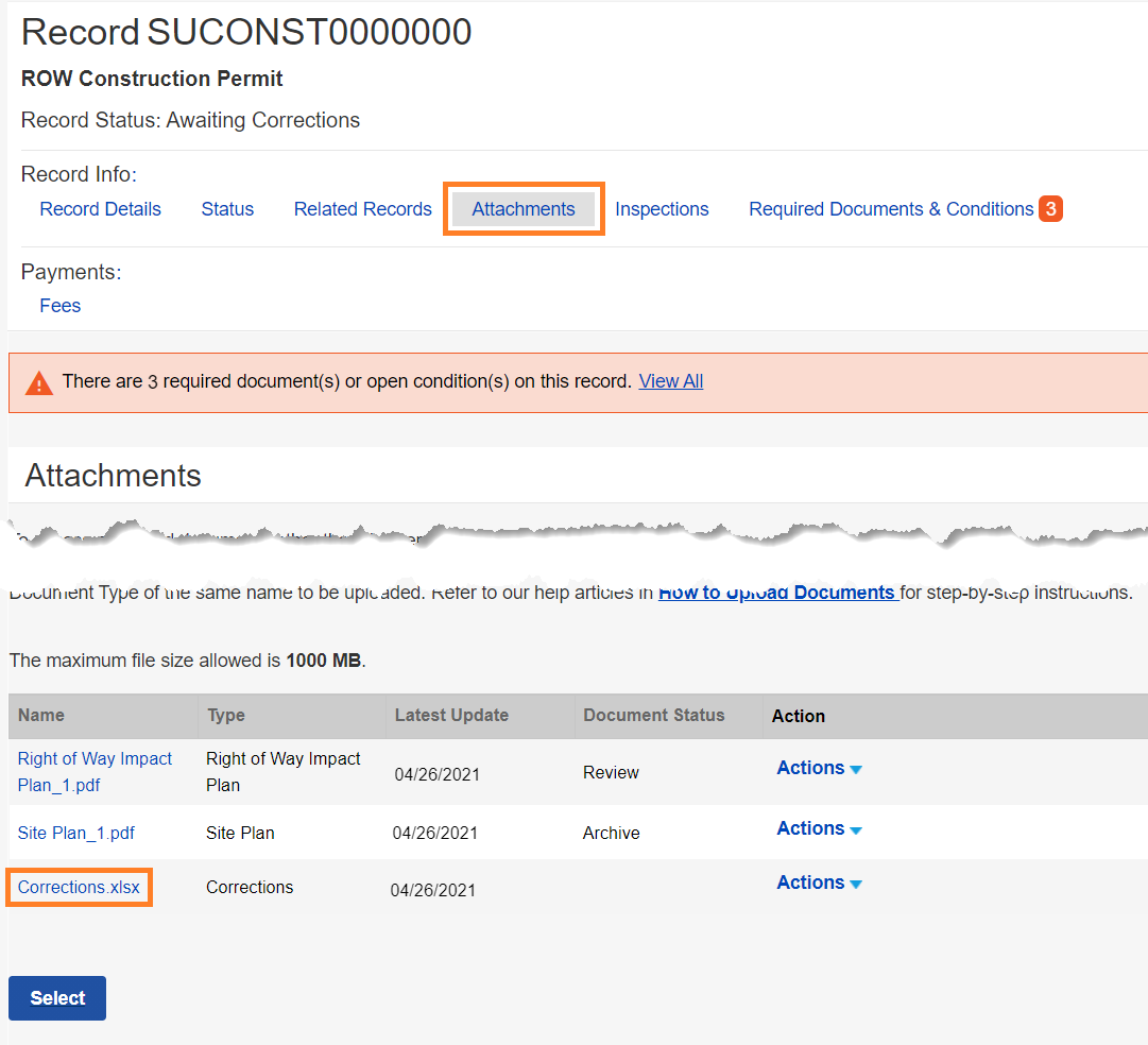Attachments section of submission. Attachments tab is highlighted, below a list of Attachments includes a Corrections document.
