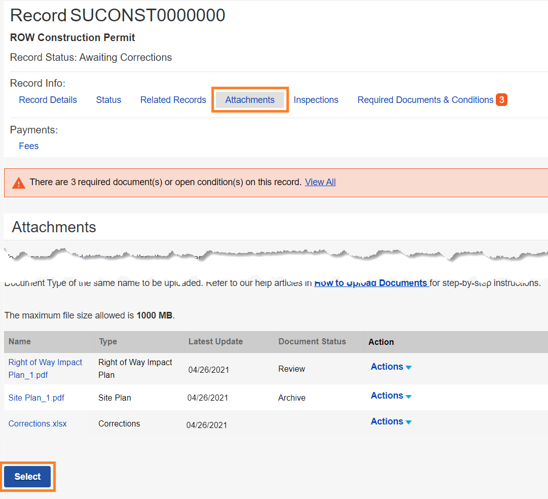 Record attachments tab shows uploaded attachments. The blue Select button is highlighted below and to the left.