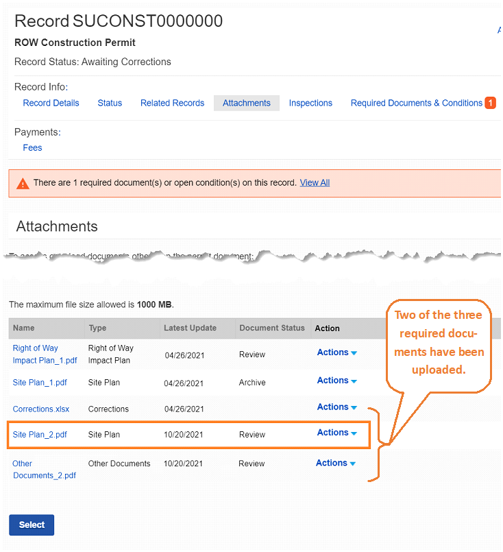 Attachments tab on Record is shown with the uploaded Site Plan.pdf highlighted. An arrow with text points to it and says Two of the three required documents have been uploaded.