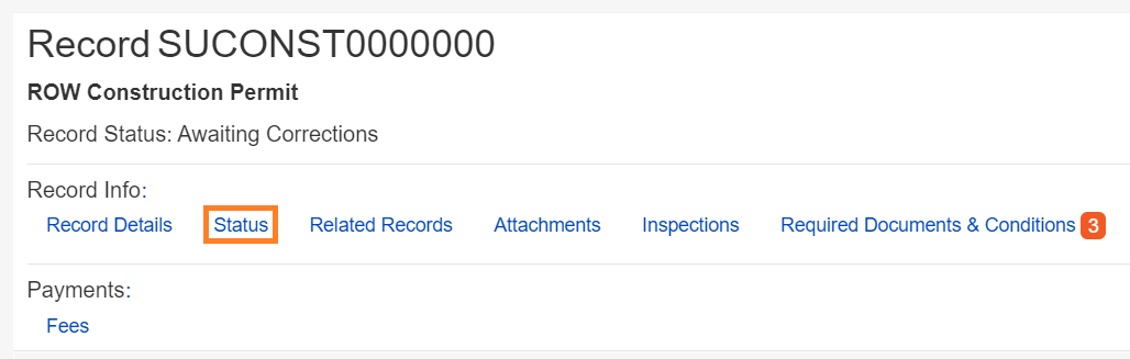 Record is selected and the Status tab for the record is highlighted in orange.