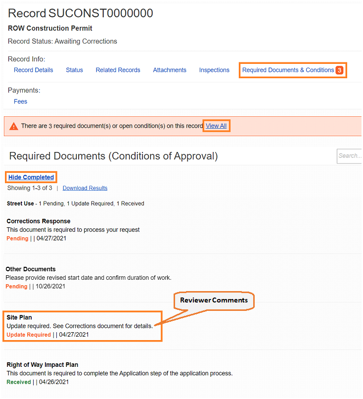Record information shows the Required Documents section. Required Documents and Conditions tab is highlighted. Below, View All is highlighted. Under Required Documents (Conditions of Approval) the Hide Completed hyperlink is highlighted, and below and towards the bottom of the image the information under Site Plan is highlighted, with a text arrow pointing to it that says Reviewer Comments.