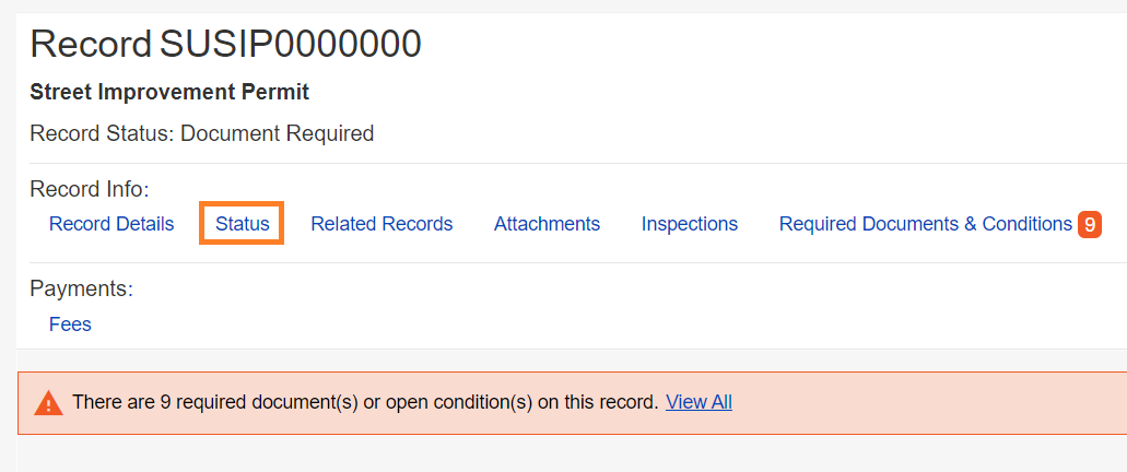 A record application for a Street Improvement Permit, the Status tab is highlighted in orange.