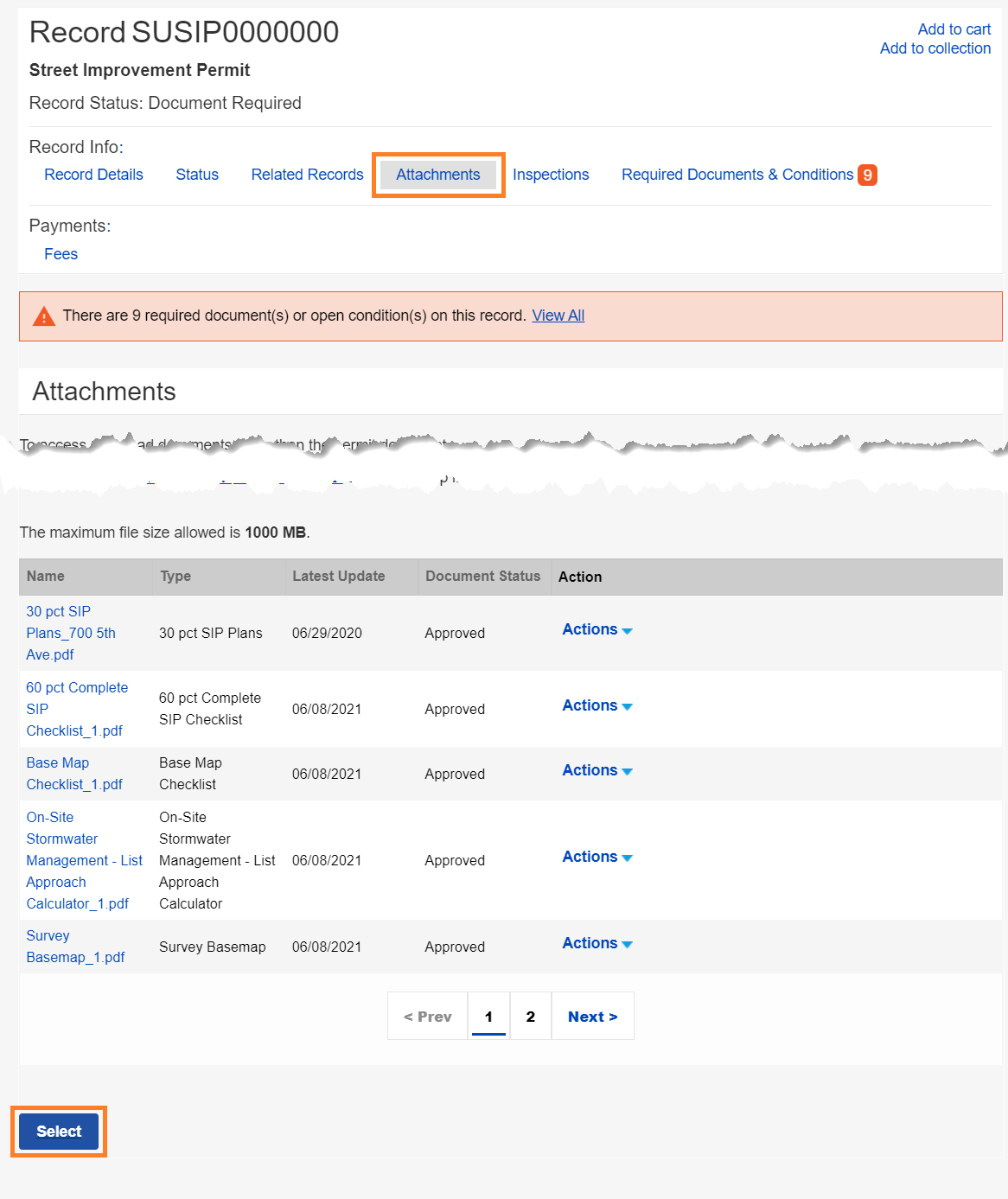a Street Improvement Permit application Attachments tab highlighted, a list of attachments show uploaded documents for the record, below and to the left is a blue Select button.