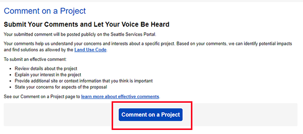  comment on a project tab with comment on a project button highlighted