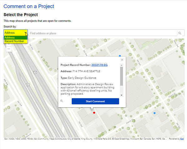 Map showing active projects that can be commented on