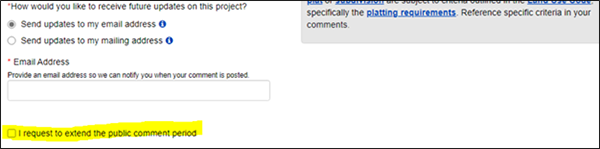 comment form with i request to extend the public comment period highlighted at the bottom of the form