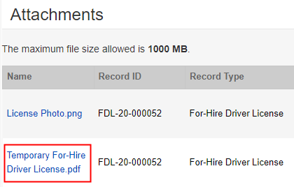  Attachments tab with temporary for hire driver license PDF highlighted