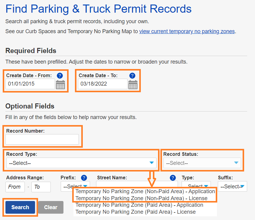 Find Parking & Truck Permit Records search page. Required fields for search include Create Date From and To. Under optional information Record Number, Record Type, and Record Status are highlighted. In the dropdown menu of Record Type Temporary No Parking Zone Application and Temporary No Parking Zone License are highlighted.