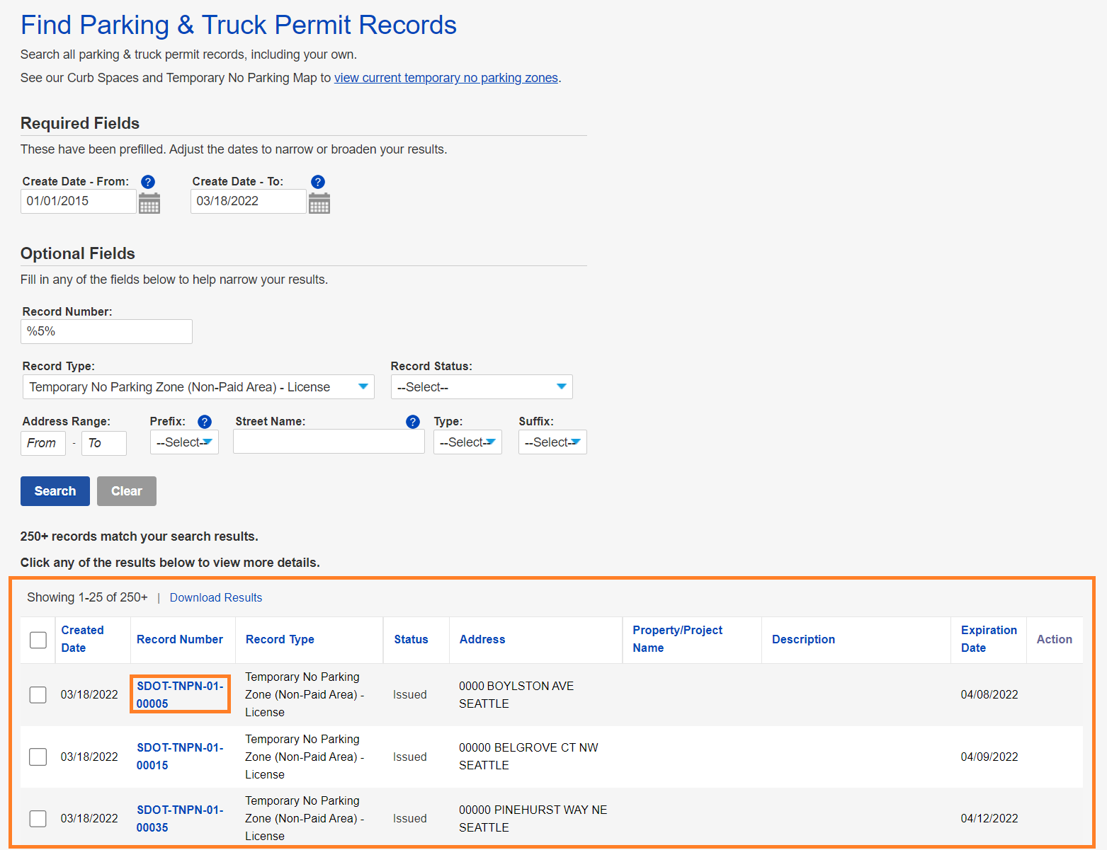 Find Parking & Truck Permit Records page. A list of search results is displayed, the second record is highlighted.