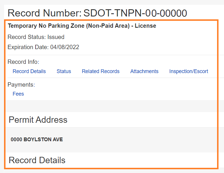 Record Number SDOT-TNPN-00-00000 selected, Temporary No Parking Zone License with information related to the application.
