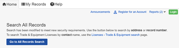 Home Page of Seattle Services Portal, Search All Records.