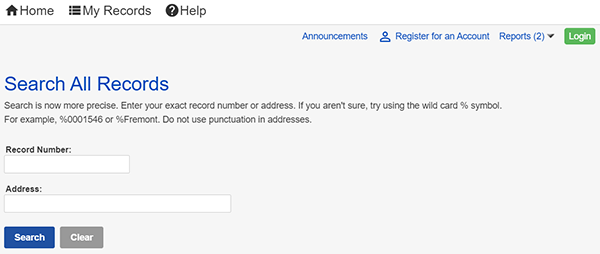 Search All Records page with boxes to search Record Numbers and Addresses, Search and Clear buttons beneath.