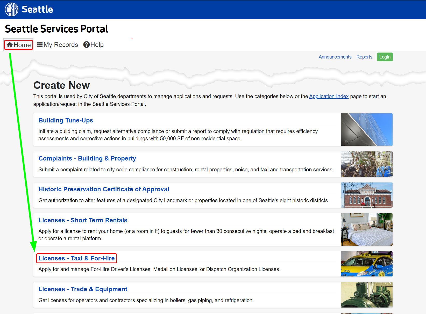 Seattle Service Portal with Home and License taxi for-hire highlighted