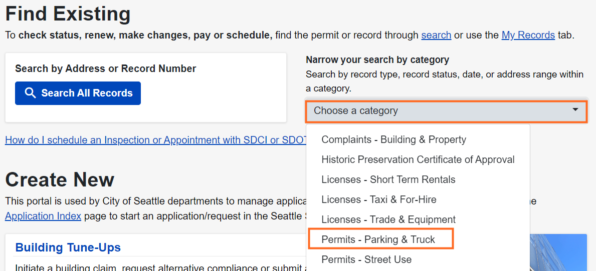 Seattle Services Portal Find Existing page, a dropdown menu displays the Narrow Your Search By Category selection. Permits – Parking & Truck is highlighted in the list.