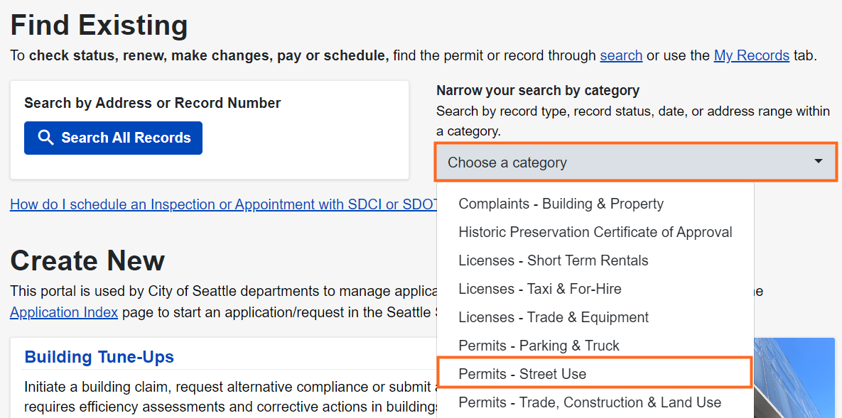 Under Find Existing - select categor of Permits- Street Use